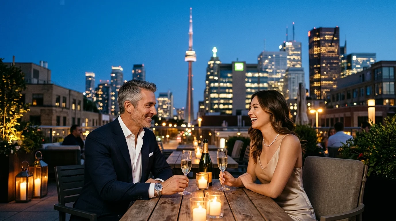 Evening rooftop date in Yorkville Toronto